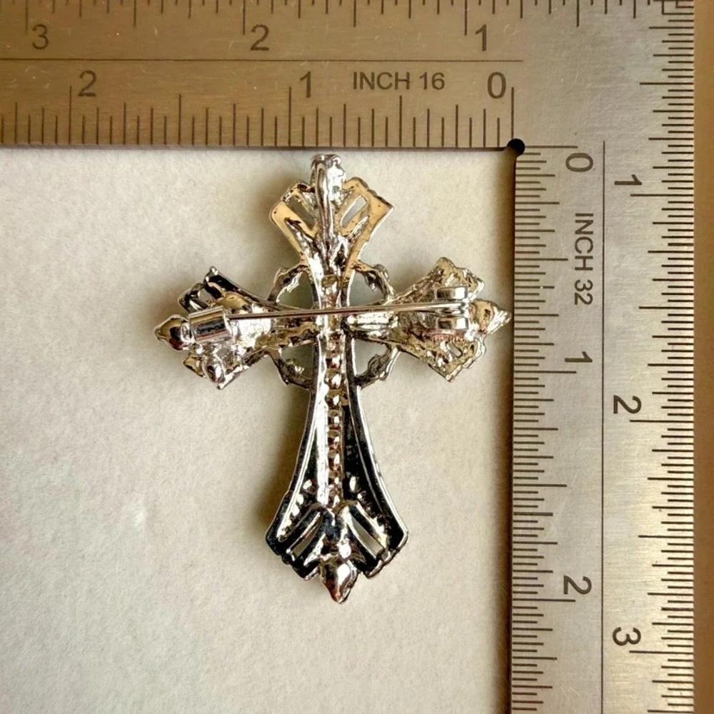 Cross Brooch Pendant 2 in 1 Blue Rhinestone Silver Tone Religious Jewelry Pin